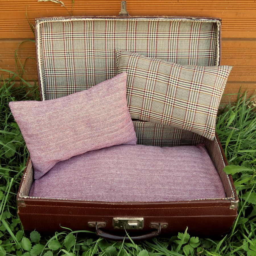 A quirky pet bed, made from a vintage 1950s suitcase.  Cat bed.  Small dog bed.