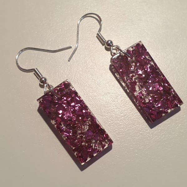 Rectangle pink metallic flakes resin earrings