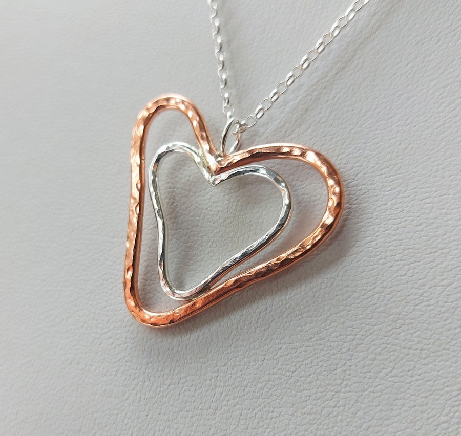 Nested Hearts Pendant, mixed metals, copper and sterling silver