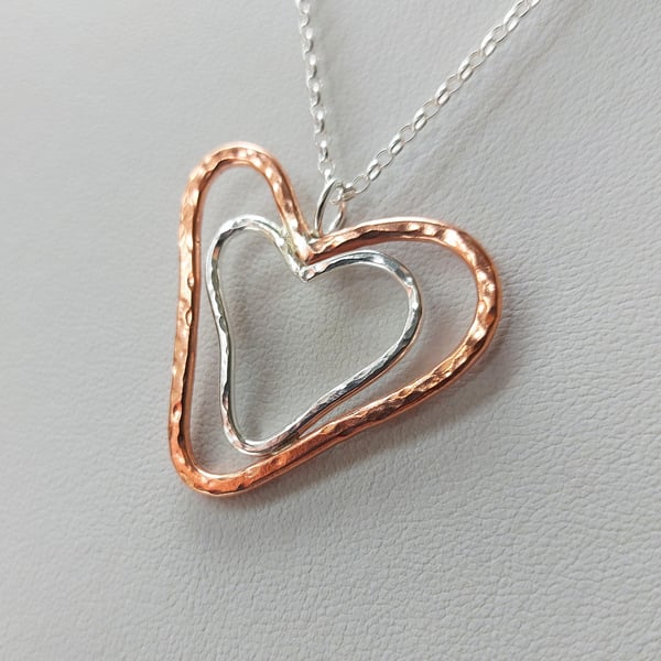 Nested Hearts Pendant, mixed metals, copper and sterling silver