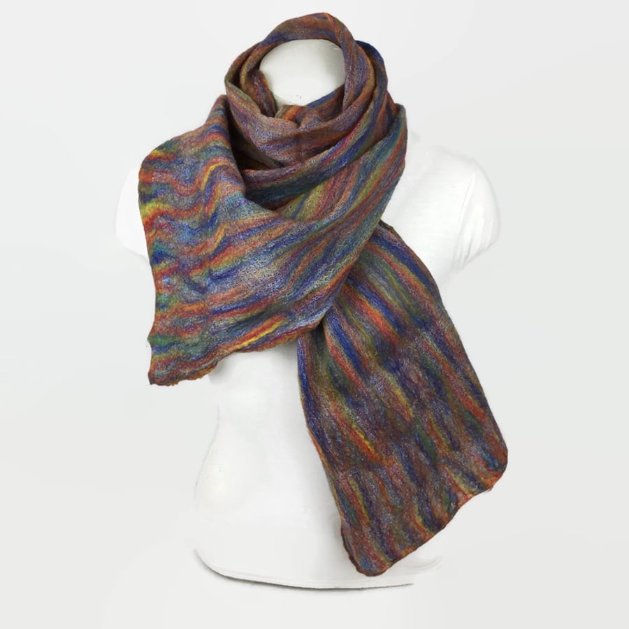 Rainbow  merino wool scarf nuno felted on blue cotton gauze
