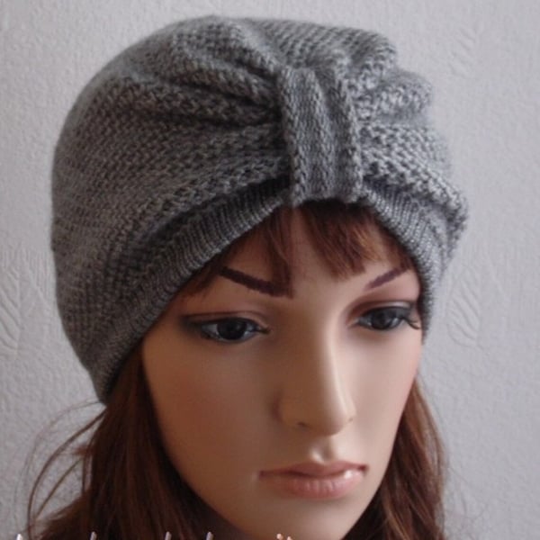 Handmade knitted grey turban for women, front knotted turban hat