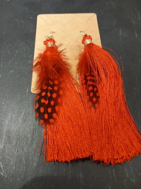 Red feather tassel Earrings dangly earrings Handmade OOAK