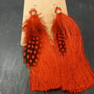Red feather tassel Earrings dangly earrings Handmade OOAK