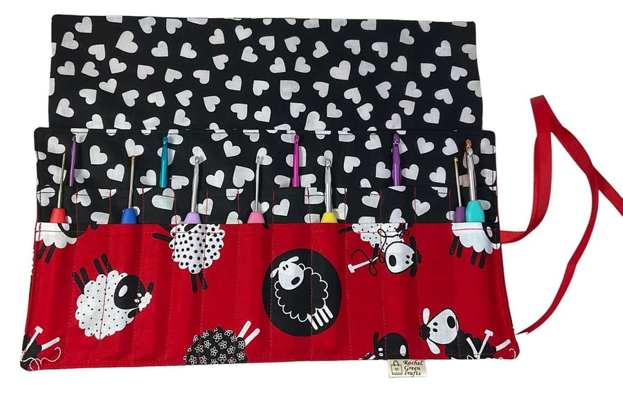 Crochet hook case with knitting sheep fabric, ergonomic roll up hook pouch 