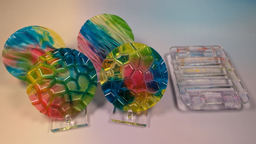 Handmade Resin Coaster Set – Rainbow Bloom with Matching Holder (Set of 4)