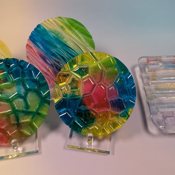 Handmade Resin Coaster Set – Rainbow Bloom with Matching Holder (Set of 4)
