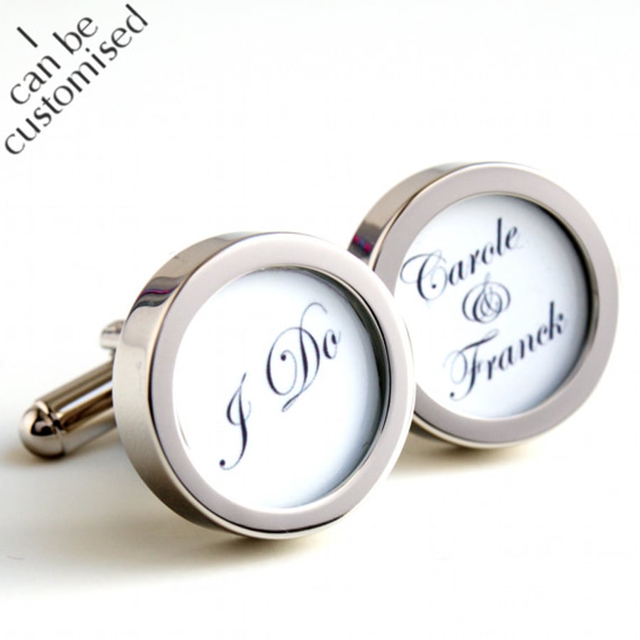I Do Cufflinks, Beautiful Script Lettering with the Names of the Bride and Groom