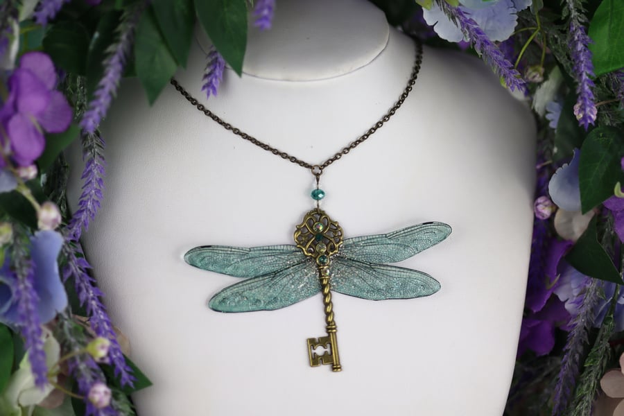 Fairy Wing Key Pendant Deep Emerald Green Dragonfly Sparkle Fairycore Pagan Boho