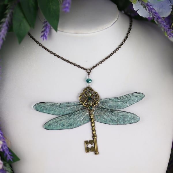 Fairy Wing Key Pendant Deep Emerald Green Dragonfly Sparkle Fairycore Pagan Boho