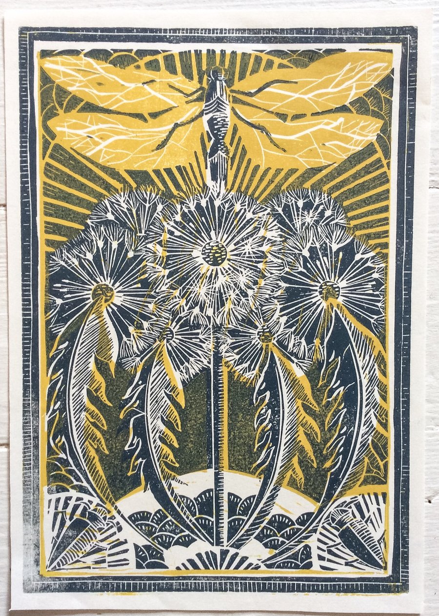 Dragonfly and Dandelions Blue and Yellow Hand printed Linocut Print