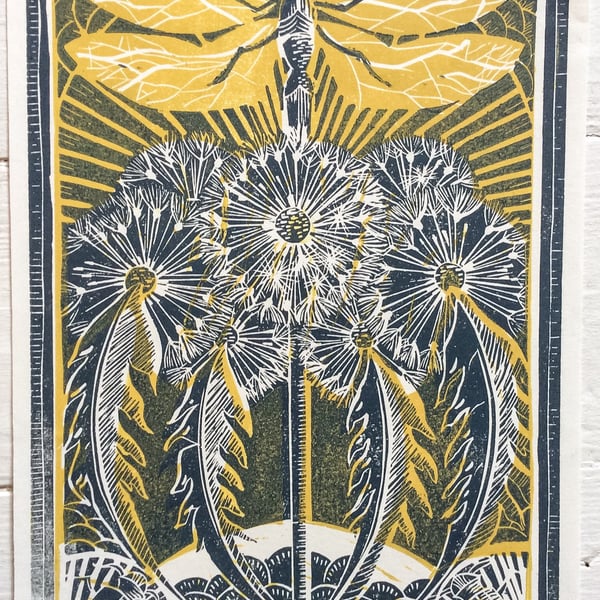 Dragonfly and Dandelions Blue and Yellow Hand printed Linocut Print