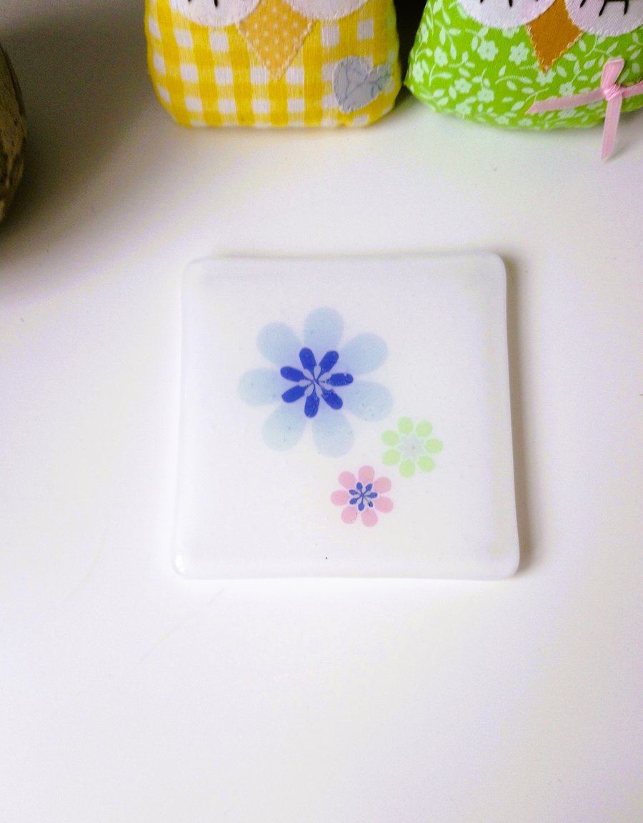 Fused Glass Blue Floral Coaster