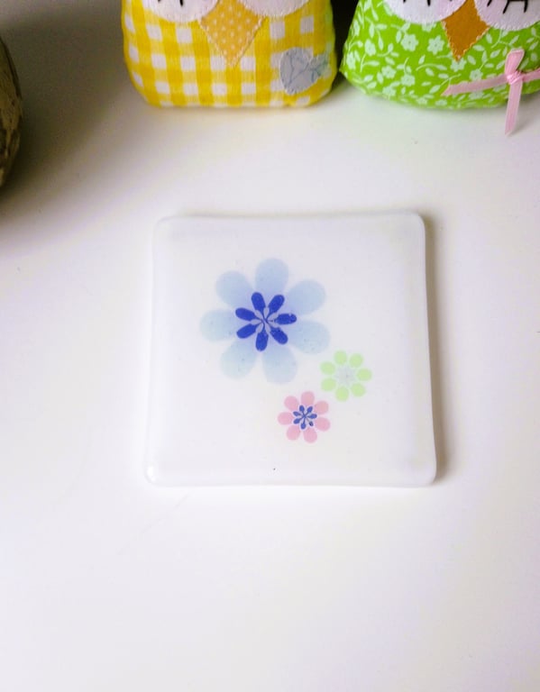 Fused Glass Blue Floral Coaster
