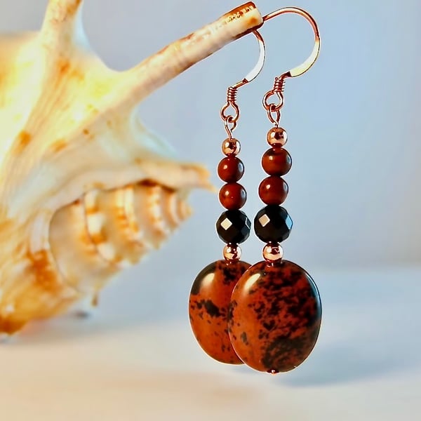 Mahogany Obsidian , Onyx And Copper Earrings - Handmade In Devon