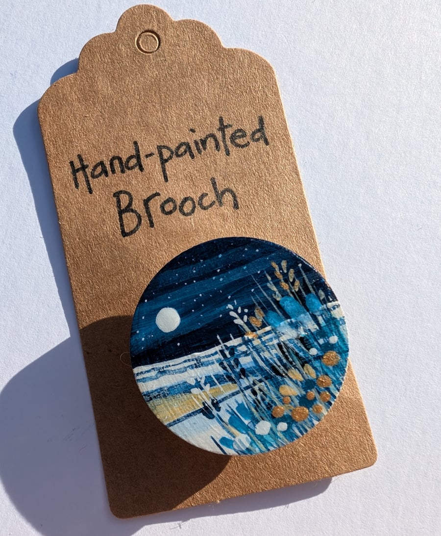 NEW Unique Hand Painted Wooden Brooch NIGHT SKY