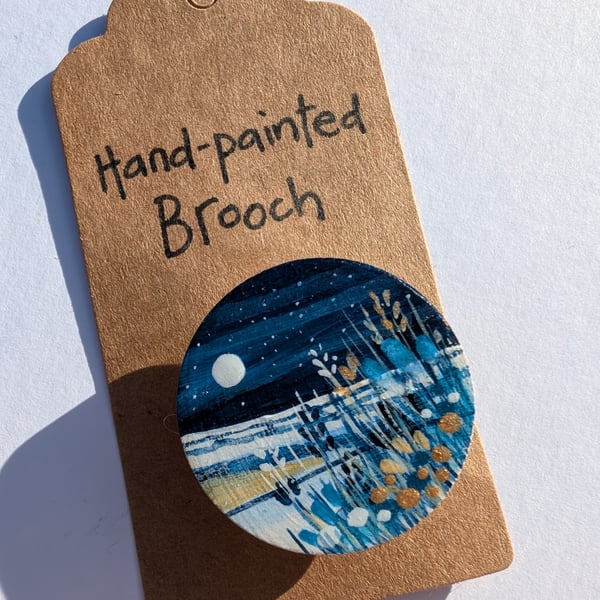 NEW Unique Hand Painted Wooden Brooch NIGHT SKY