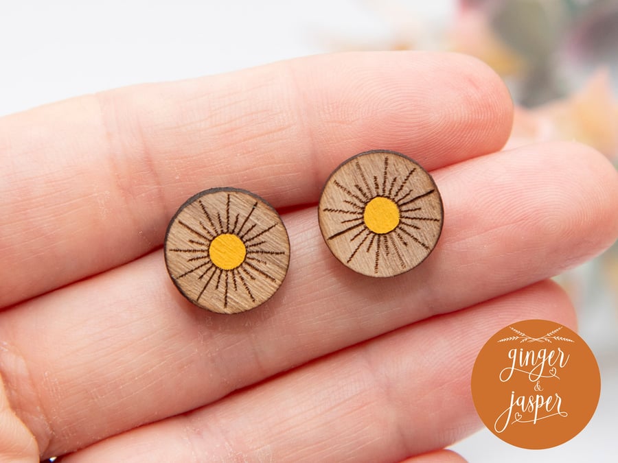 Hand Painted Wooden Sun Earrings, Wood Sunshine Studs, Cute Sunburst Studs