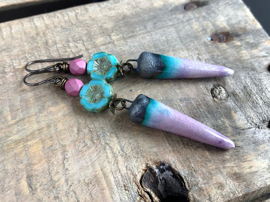 Long Ceramic Spike Earrings. Pink & Turquoise Artisan Ceramic Earrings