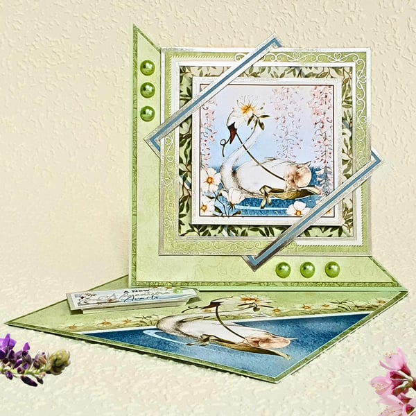 "A New Adventure Awaits" Easel Card For New Beginnings. with a Swan in a Lake