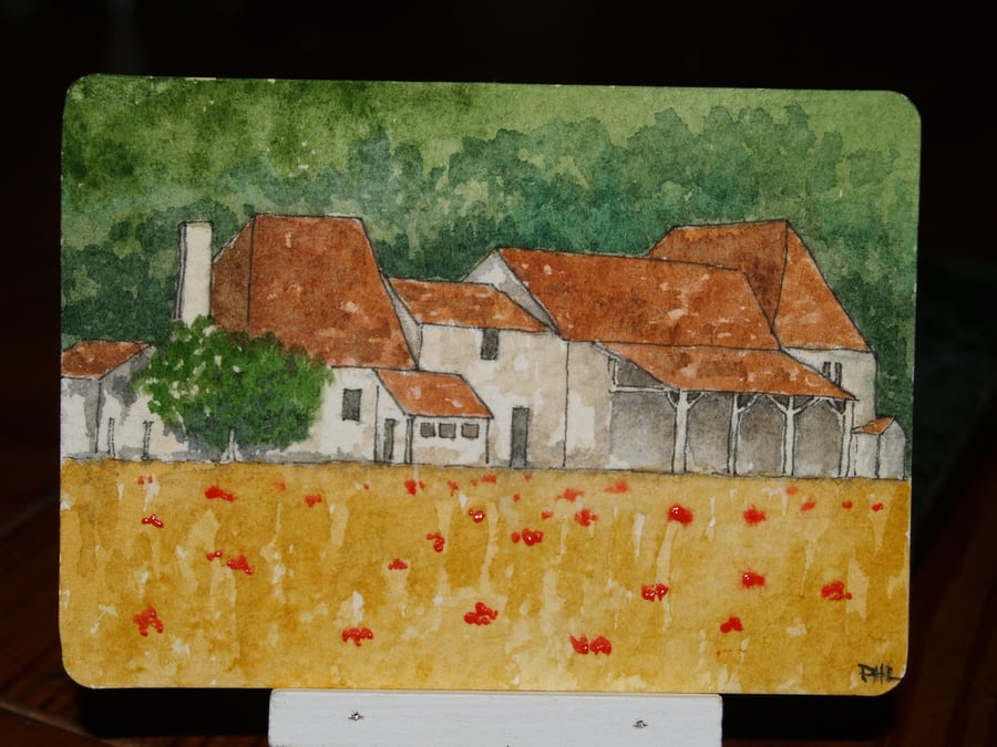 ACEO Original French farm Cornfield and Poppies