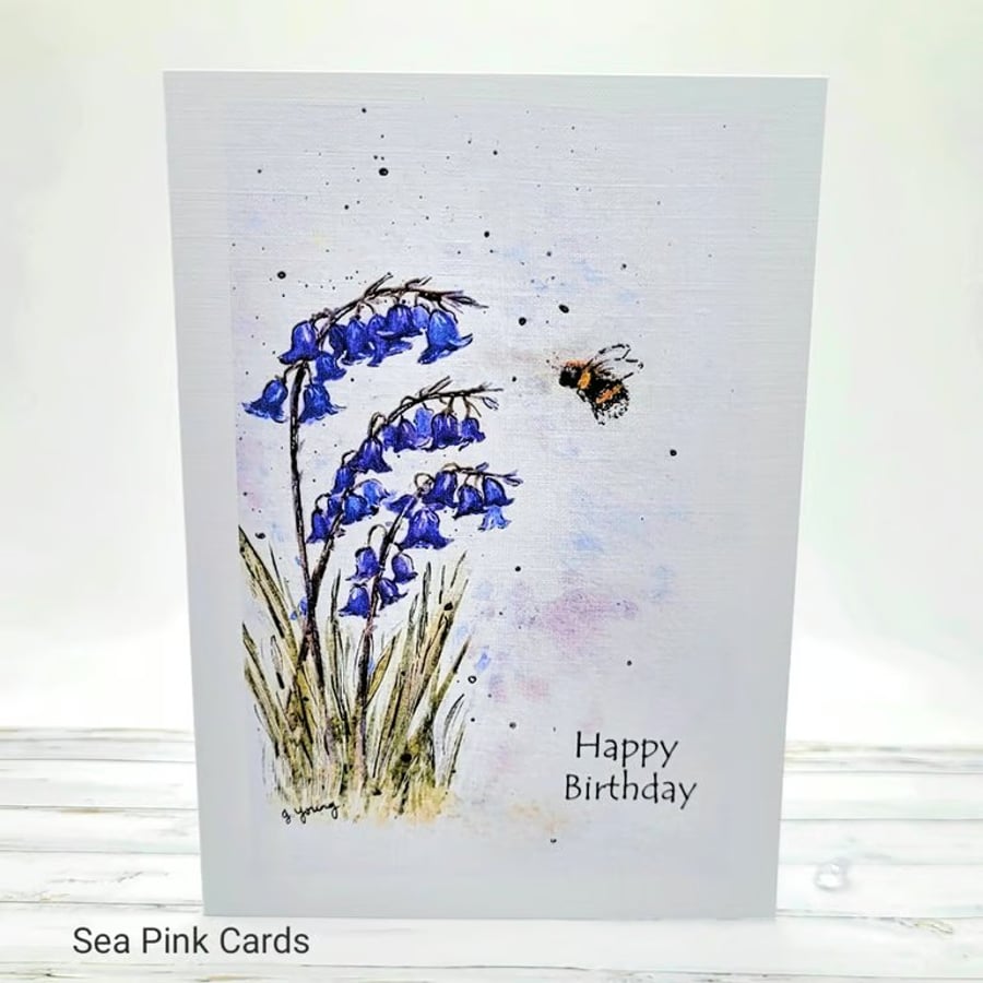 Birthday Card, bluebells and bee - original art, textured card, birthday 