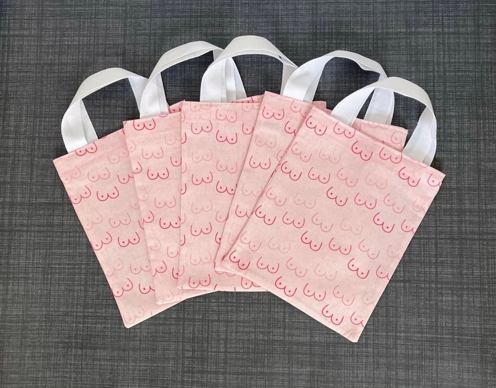 Pink booby print cream cotton themed party bags Small tote gift bags.