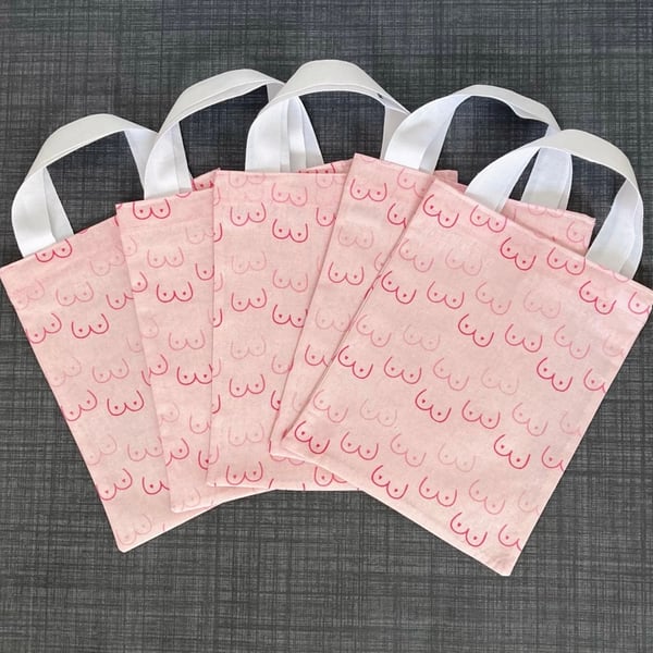 Pink booby print cream cotton themed party bags Small tote gift bags.