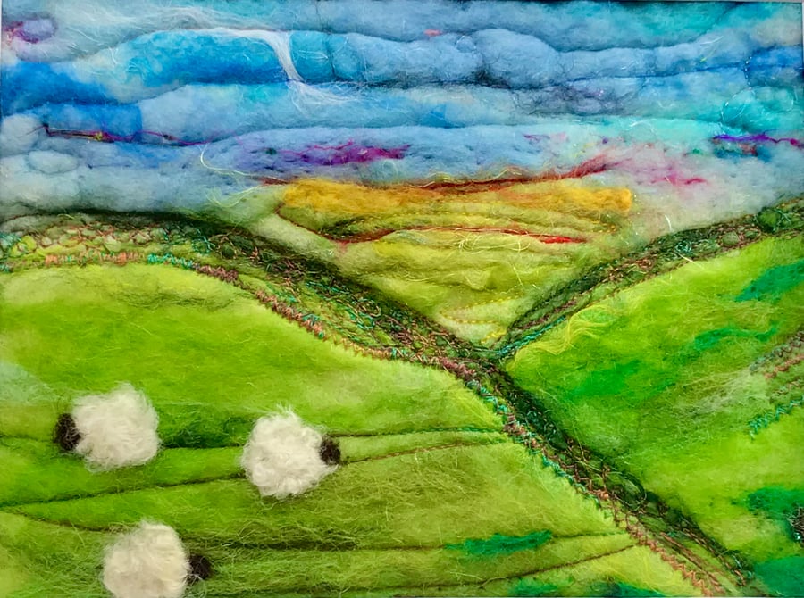 Summer sheep wet needle felt, fibre art, embroidery, felt painting, 
