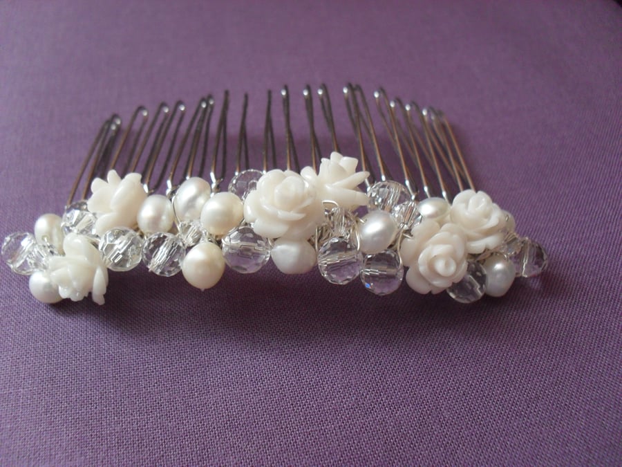 SALE Freshwater Pearl and Flower Hair Comb 