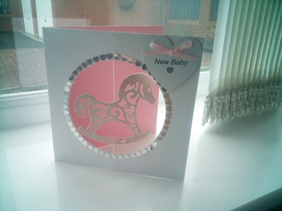 Rocking horse new baby girl card