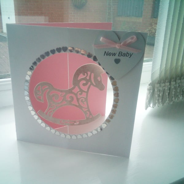 Rocking horse new baby girl card