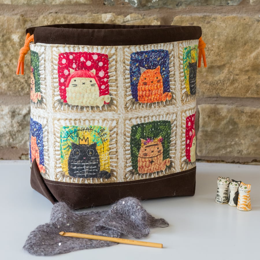 Project bag featuring cats and crochet - medium sized drawtring style
