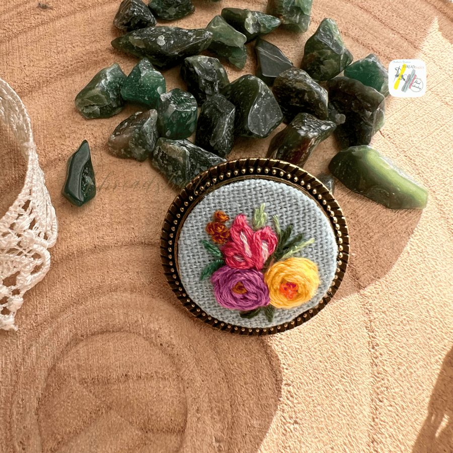 Hand Embroidered Brooch, Vintage, antique bronze floral design, gift for her