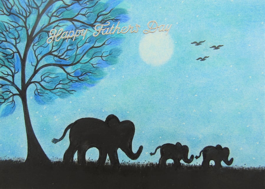 Fathers Day Elephant Card, Twin Art, Two baby Elephants Moon Tree Card, Dad Card