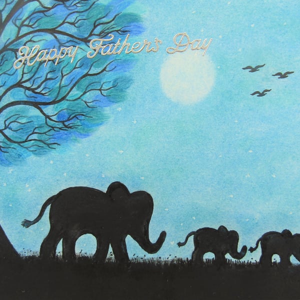 Fathers Day Elephant Card, Twin Art, Two baby Elephants Moon Tree Card, Dad Card