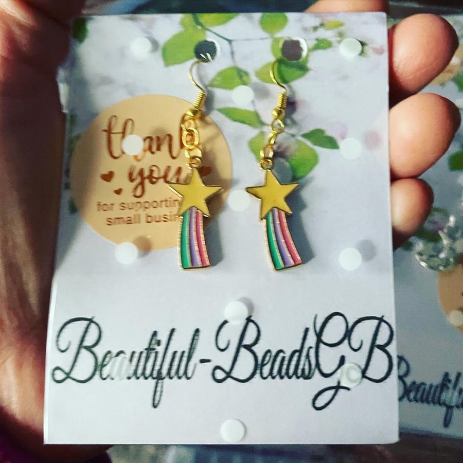 Shooting star pendant drop earrings gold tone gift earrings rainbow
