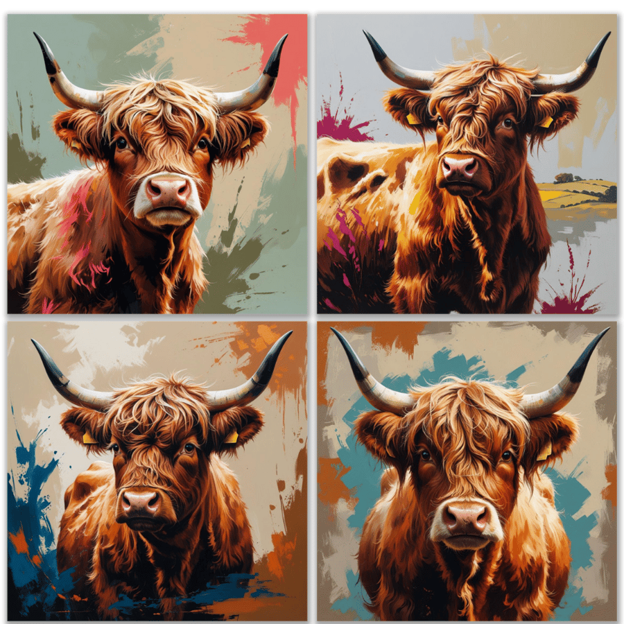 Highland Cow Wall Art Prints Animal Collection Decor Cute 4 Pieces 12x12