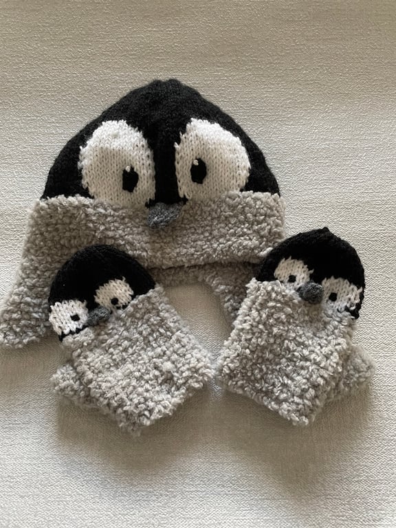 Penquin ear flap hat and mittens set