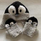 Penquin ear flap hat and mittens set