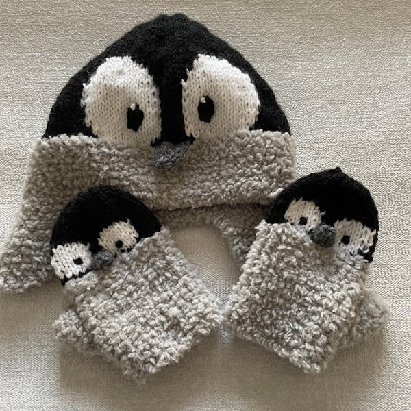 Penquin ear flap hat and mittens set