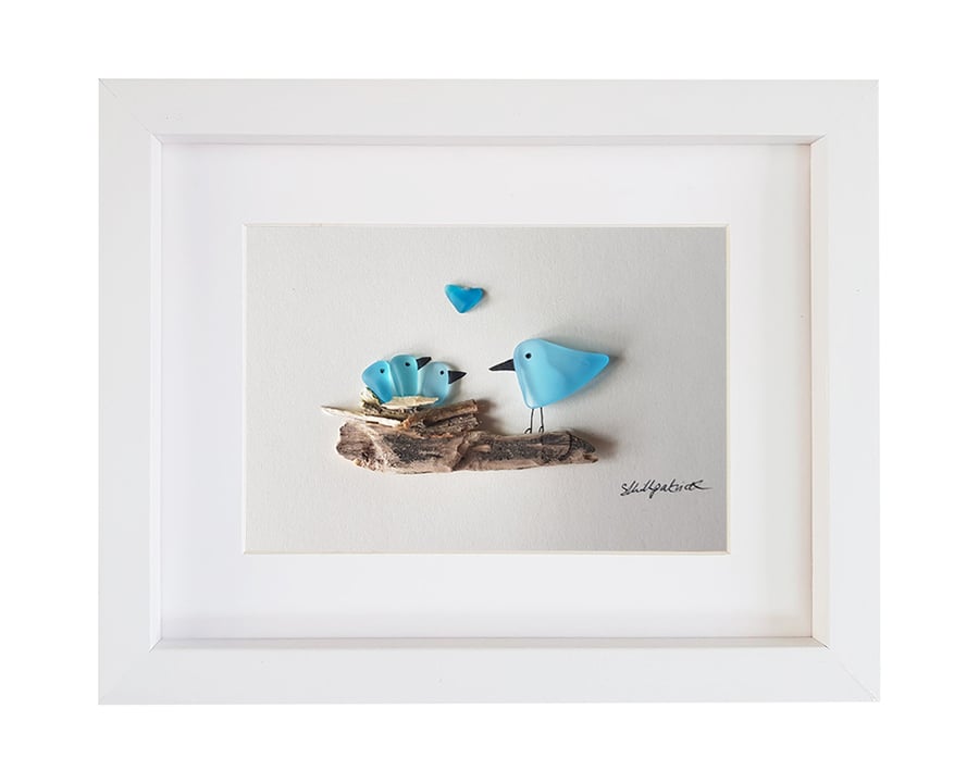 Blue Nesting Birds (3 babies) - Sea Glass Picture - Framed Handmade Art