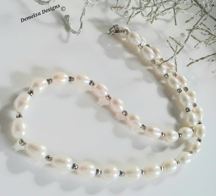 Quality Ivory White Rice Freshwater Pearl Sterling Silver Necklace