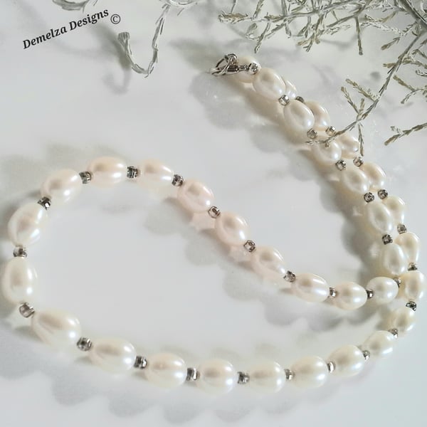 Quality Ivory White Rice Freshwater Pearl Sterling Silver Necklace