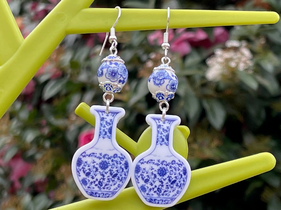CERAMIC BEAD EARRINGS blue white resin vase shape silver plated