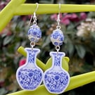 CERAMIC BEAD EARRINGS blue white resin vase shape silver plated