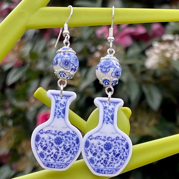 CERAMIC BEAD EARRINGS blue white resin vase shape silver plated