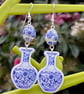 CERAMIC BEAD EARRINGS blue white resin vase shape silver plated - Image 1