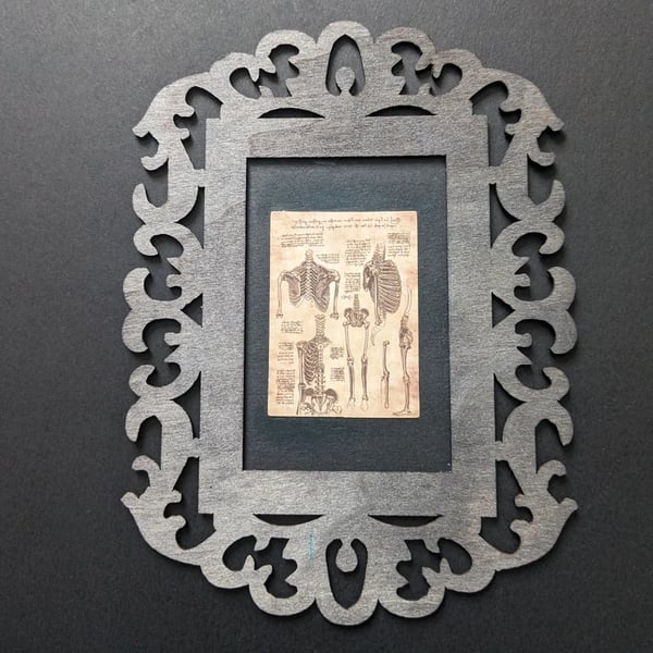 Skeleton Anatomical Sketch Framed Print – Gothic Vintage Art – 16cm x 12cm