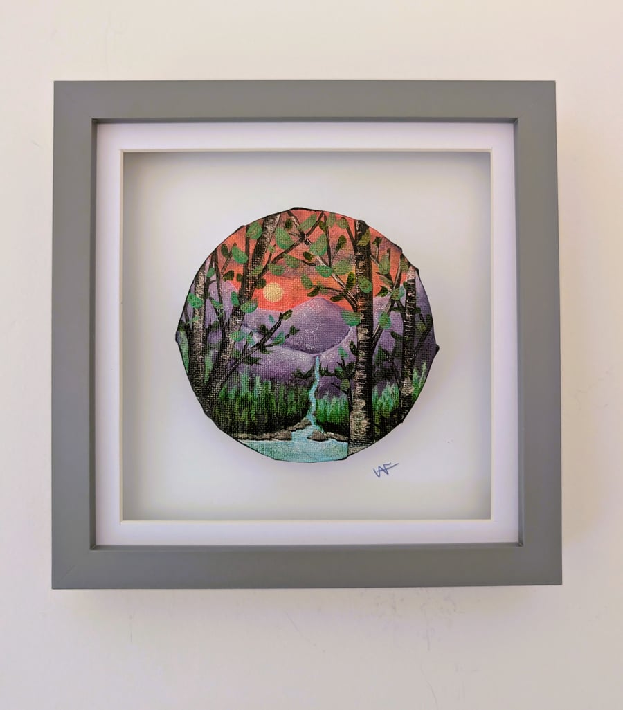 The Waterfall Original 10cm Circular Framed Painting